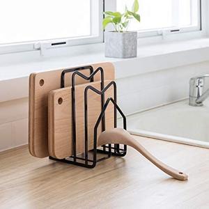 lot 18243 image: SUNFICON Cutting Board Rack Chopping Board Organizer Stand Holder Kitchen Countertop Pots Pan Lids Rack Organizer Flat Steel 4.92 x 5.7 x 8.47 in. Black