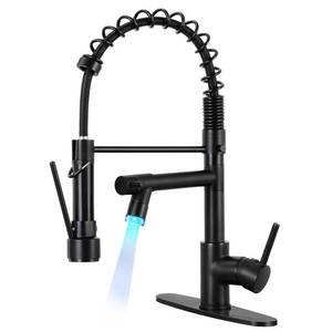 lot 18246 image: Qomolangma Commercial Kitchen Sink Faucet with Pull Down Sprayer, Modern Single Handle Kitchen Faucets with LED Light, Matte Black - Retail $98.48