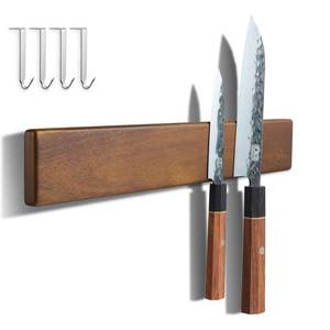 lot 18279 image: ENOKING Magnetic Knife Holder for Wall, Knife Magnetic Strip No Drilling 16 Inch, Powerful Kitchen Knife Magnetic Holder, Acacia Wood Knife Magnet for Kitchen Utensil Organizer with 4 Hooks