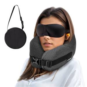 lot 18283 image: nadachi Neck Pillow Airplane Travel Set - Pure Memory Foam Travel Neck Pillow, Plane Pillow for Long Flights Essentials, Sleeping with 3D Contoured Eye Mask, Earplugs, Portable Bag (Gray-S)