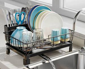 lot 18306 image: GSlife Small Dish Drying Rack - Dish Racks for RV Small Kitchen Counter, Space-Saving Dish Drainer with Drainboard, Utensil Holder, Dish Holder for Sink, 15 D x 10 L, Black