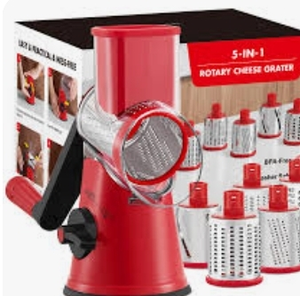 lot 18309 image: GDL Rotary Cheese Grater, Upgraded 5-in-1 Cheese Grater Hand Crank, Multi-purpose Cheese Shredder with Handle, Vegetable Slicer Cutter Ice Shaver for Potato, Carrot, Nuts, Chocolate, Red