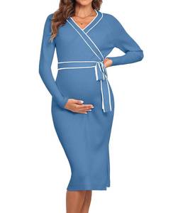 lot 18328 image: V FOR CITY Winter Maternity Sweater Dress for Baby Shower Ribbed Knit Tie Waist Long Sleeve V Neck Pregnancy Dresses Blue Medium