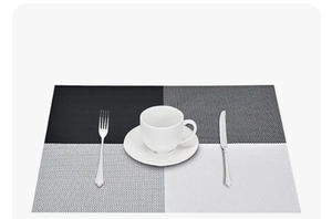 lot 18336 image: Placemats Set, Heat-Resistant Woven Vinyl Placemat, Non-Slip Washable PVC Table Mat, Easy to Clean Premium Plastic Mats for Dining, Kitchen Table (BlackWhite)