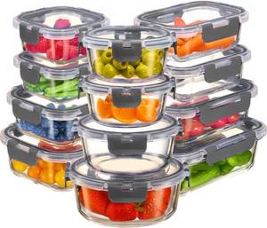 lot 18345 image: FineDine 24 Piece Glass Storage Containers with Lids - Airtight, Leak Proof, Dishwasher Safe, Glass Tupper Ware Sets with Lids, Food Storage Containers, Meal Prep Containers, Gray