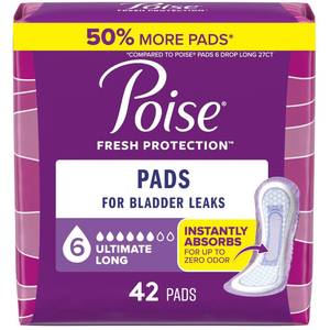 lot 18373 image: Poise Incontinence Pads & Postpartum Incontinence Pads, 6 Drop Ultimate Absorbency, Long Length, 42 Count, Packaging May Vary