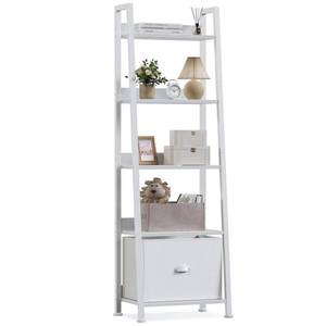 lot 18375 image: Furologee 5-Tier White Ladder Shelf, Ladder Bookshelf with Removable Drawer, Mordern Bookcase Storage Rack Organizer, Wood Metal Freestanding Storage Shelves for Living Room, Home Office, Bedroom