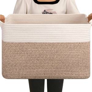 lot 18387 image: OIAHOMY 65L Blanket Basket, Cotton Rope Woven Blanket storage for Living Room, Rectangle Woven Baskets for Storage, 20 x 16 x 12, Brown and White