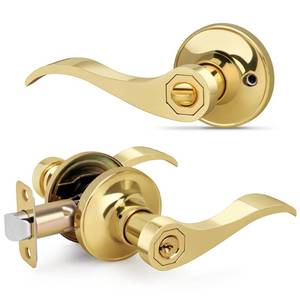 lot 18393 image: LOQRON Wave Style Door Lever, Keyed Entry Door Handle with Lock, Gold Entrance Lever Reversible for LeftRight Handed for Office or Front Door with Polished Brass Finish, 1 Pack