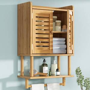 lot 18413 image: AmazerBath Bathroom Wall Cabinets, Bamboo Medicine Cabinets with Towel Bar, Wall Mounted Storage Cabinet with Adjustable Shelves, 2 Doors Over The Toilet Storage for Small Spaces,8.3x16.5x26.6 Inches