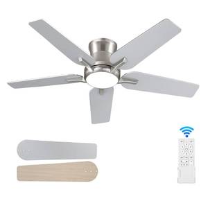 lot 18419 image: POCHFAN 42 Inch Ceiling Fans With Lights and Remote, Brushed Nickel Flush Mount Low Profile Ceiling Fan for Bedroom, Living Room, Patio, Dimmable 6 Speeds Noiseless Reversible, ETL Listed