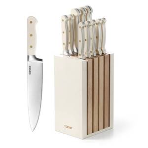 lot 18424 image: CAROTE 11 Pieces Knife Set with Block for kitchen, Stainless Steel Razor-Sharp Blade, Triple Riveted Ergonomic Handle, Wooden Magnetic Block, Essential Knife Block Set, Beige