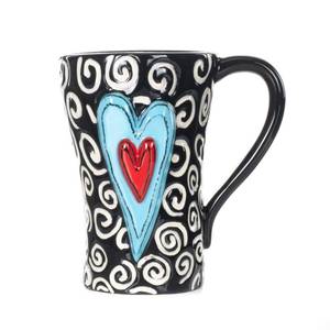 lot 18433 image: DEMDACO Tracy Pesche White Swirls Hearts Midnight Black 15 Ounce Glossy Ceramic Stoneware Coffee Cup Mug