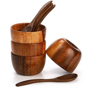 lot 18444 image: Lyellfe Set of 4 Acacia Wooden Bowl, 4 Oz Dipping Sauce Bowl with Spoon, 3 Inch Small Charcuterie Dish, Soup Water Cup for Condiments, Jam, Nuts, Appetizer, Snack, Yogurt
