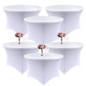 lot 18456 image: 6 Pack - White 72-Inch Diameter x 30-Inch High Round Spandex Tablecloth for 6FT Round TablesRound Stretchable Table Cover with Foot Pockets for Parties, Weddings, Birthdays, Banquets, Vendor Stands - Retail $95.58