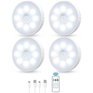 lot 18489 image: YLXS Motion Sensor Puck Light with Remote, Wireless Dimmable Under Cabinet Lights, Rechargeable Magnetic Closet Light, Stick on Night Light, 4-Pack