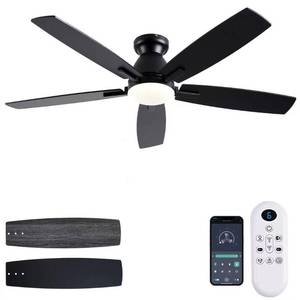 lot 80644 image: NKPU Ceiling Fans with Lights, 52 Inch Low Profile Ceiling Fan with Light and Remote Control, Flush Mount, DC Reversible Motor, Dimmable LED Black Ceiling Fans for Bedroom,IndoorOutdoor Patio Use - Retail $83.42