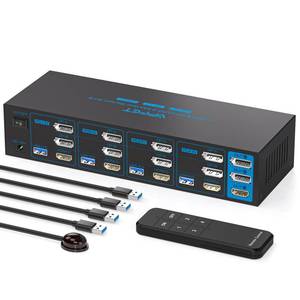 lot 80654 image: 8K HDMI  2 Displayport KVM Switch 3 Monitors 4 Computers 4K144Hz USB 3.0 KVM Switches Triple Monitor for 4 Computer Share 3 Monitor and 4 USB 3.0 Ports Support ExtendedCopy Mode - Retail $164.81