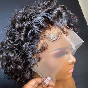 lot 80684 image: INSTASTYLE Short Curly Pixie Cut Lace Front Wigs 6 inch, 13X1 Human Hair HD Lace Front Wigs Plucked for Women 6 Inch, Natural Black