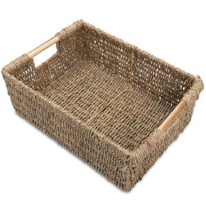 lot 80689 image: Large Natural Wicker Basket Rectangular with Wooden Handles, Seagrass Storage for Organizing, Shelves 15.5 x 10.6 x 5.5 inches