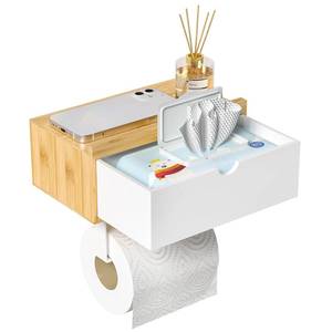lot 80722 image: Domax Toilet Paper Holder with Shelf - Wall MountAdhesive Bathroom Toilet Paper Holder,Bamboo Wood Tissue Toilet Roll Holder with Storage Drawer for Organizer Wipes,Fits Any Room BambooWhite, Medium