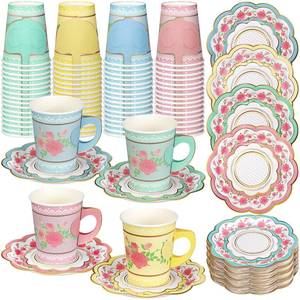 lot 80724 image: FillTouch 200 Pcs Floral Paper Tea Cups and Saucers Set, Severs 100 Disposable Paper Tea Party Supplies 9 oz with Handle and Saucer for Birthday Wedding Party Decorations