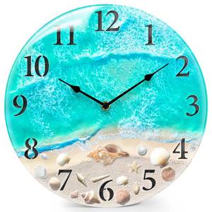 lot 80727 image: Coastal Nautical Glass Wall Clock with Seashell Design and Aesthetic Beach Theme - Battery Operated Silent Wall Decor for Home, Kitchen, Living Room, Office, Bedroom, or Bathroom (14 Inch,Teal)