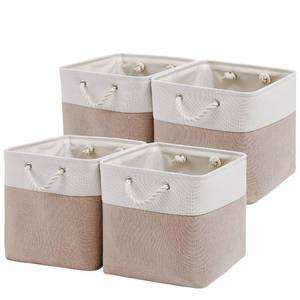 lot 80787 image: MidmmVick 13 x 13 Inch Cube Storage Bins, Large Collapsible Fabric Storage Bin with Ropes, Foldable Storage Cubes for Home, Office,Closet, Clothes, Toys Organizer (White & Beige)