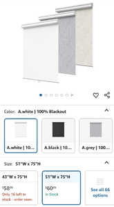 lot 30256 image: GENIMO 100% Blackout Roller Window Shades, Window Blinds Cordless with Thermal Insulated, UV Protection Fabric, Mini French Door Blinds for Home, Office, Bedroom, Easy to Install, White, 51 W X 75 H