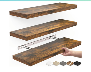 lot 30262 image: Floating Wood Shelves - Wall Mounted for Bathroom,Bedroom,Living Room,Kitchen,Small Hanging Shelf for BooksStorageRoom Decor with 22lbs Capacity(Rustic Brown,Set of 3,15.7inch)
