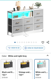 lot 30272 image: Dresser with LED Lights and Charging Station, 52-Inch Long Dresser for Bedoom with 7 Large Storage Drawers, Fabric Dresser TV Stand with Open Shelves, Light Grey
