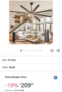 lot 30310 image: Amico Ceiling Fans with Lights, 65 IndoorOutdoor Black Ceiling Fan with Remote Control, Reversible DC Motor, 8 Blades, 3 Light