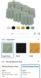 lot 30324 image: Round Tablecloths 120-inch Sage Green 6-Pack