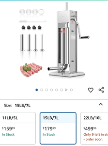 lot 30328 image: 15Lb7L Sausage Stuffers 304 Stainless Steel Sausage Maker Adjustable, 2 Speeds, 4 Filling Tubes (Silver)