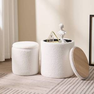 lot 8005 image: Chilihom Round Boucle Upholstered Ottoman with Storage Set of 2 Vanity Stool Foot Rest with Removable Lid White Tall Ottomans Chair for Living Room Pouf Footstool,Gifts