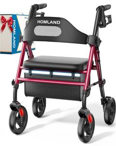 lot 8020 image: HOMLAND Foldable Rollator Walkers with Seat for Seniors, 8 Big Wheels, 350 lb. Weight Capacity, Adjustable Handles and Seat Height, Lightweight Rolling Walker, Red