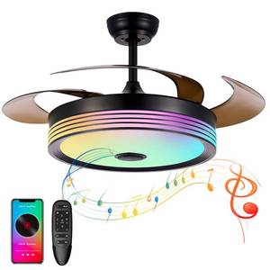 lot 8052 image: 42 inch Modern Retractable Ceiling Fan with Lights and Remote Control, 6Speed Dimmable Fandelier, Smart Ceiling Fan Light with Bluetooth Speaker, RGB Color Reversible Bedroom Living Room Black