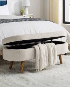 lot 8075 image: ECLYL Oval Storage Bench 43.5 Linen Fabric Upholstered Entryway Bench with Solid Wood Legs Ottoman Bench Indoor Bench for Living RoomBedroomEnd of BedEntryway (Beige)