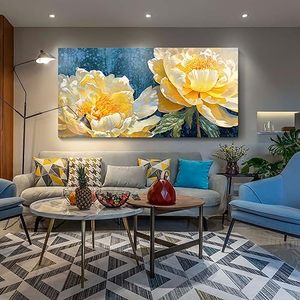 lot 8093 image: AJAZIKO Gold Floral Wall Art, 29x58IN Blue Modern Painting, Living Room Wall Decor, Abstract Canvas Art Print for Bedroom, Dining Room Prints, Waterproof