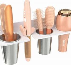 lot 8002 image: HIIMIEI Acrylic Hot Tool Holder, Wall Mount, White, 2 Cups, Bathroom Storage for Flat Iron, Blow Dryer, Curling Wand, Hair Straighteners, Brush