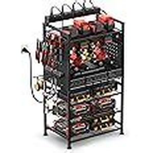 lot 8004 image: JUNNUJ Power Tool Organizer Floor Stand with Charging Station, Garage Adjustable Storage Rack Utility Tool Shelf with 8 Outlet Power Strip, Heavy Duty Drill and Battery Holder, Black