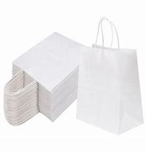 lot 8034 image: Joybe 100 Pack 8x4.75x10 Inch Medium White Kraft Paper Bags with Handles Bulk, Craft Paper Gift Bags for Party Favors Grocery Retail Shopping Business Goody Merchandise Take Out Blank Sacks (100pcs)