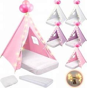 lot 8053 image: 6 Pack Sleepovers Teepee Tent for Kids Bulk with Mattress Sheet Light,Natural Cotton Washable Indoor Play Tent for Birthday Slumber Party Girls Boys Pajama Movie Night Supplies(White)