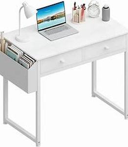 lot 8056 image: Lufeiya Small White Desk with Drawers - for Bedroom, 32 Inch Home Office Computer Desk with Fabric Storage Drawer and Bag, Study Writing Table for Small Spaces, White