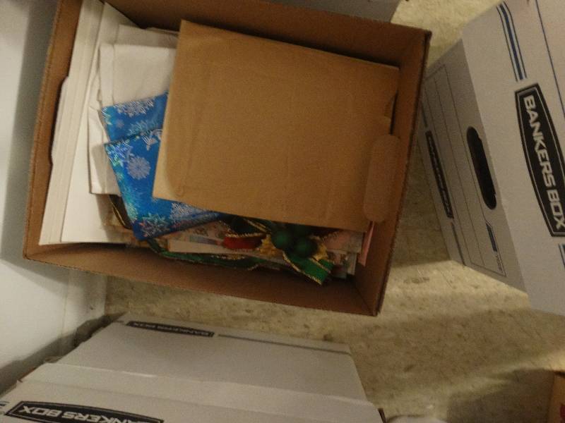 lot 5449 image: 2 boxes of pots and pans and tissue wrapping paper.