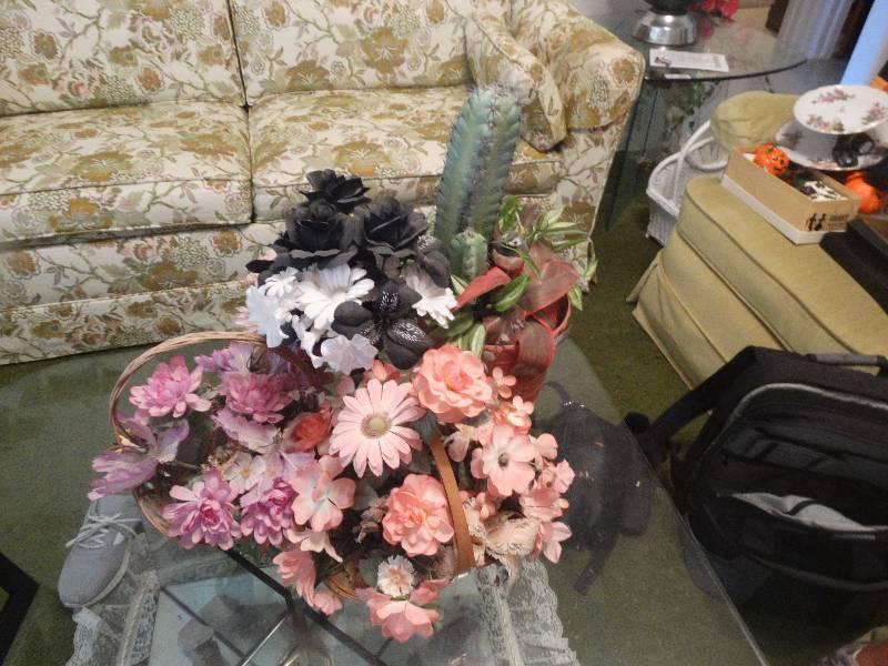 lot 5459 image: Lot of assorted faux flowers some with basket and a faux cactus.