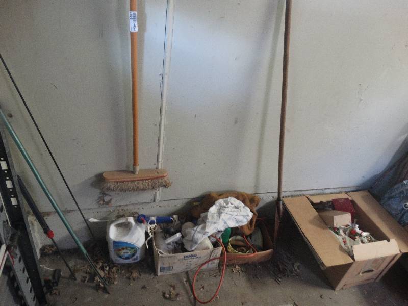 lot 5487 image: Broom, fishing pole, rack, holiday decor, etc.