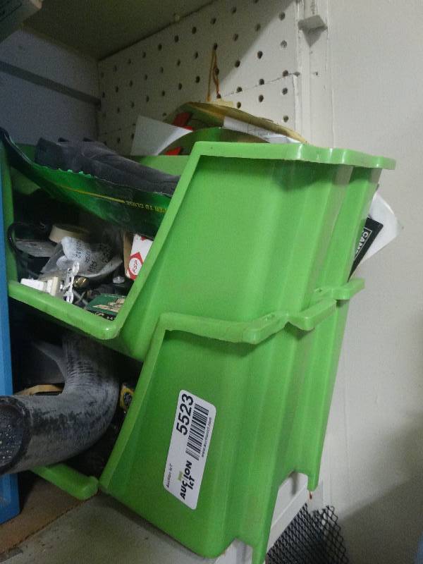 lot 5523 image: Miscellaneous items in cabinet and 2 green small tubs.