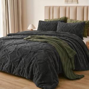lot 40800 image: PHF 3 Pieces Sherpa Fleece Comforter Set King Size, Super Soft & Warm Fluffy Comfy Velvet Bedding Set for Fall & Winter, 3D Jacquard Tufted Textured 1 Comforter with 2 Pillow Shams, Dark Grey
