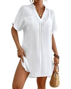 lot 40807 image: Bsubseach Bathing Suit Cover Up for Women Swim Cover Ups Summer Beach V Neck Bikini Swimwear with Pockets White Medium